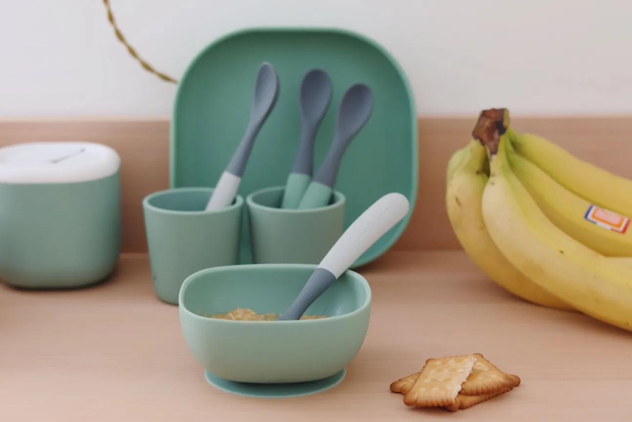 Lot De 4 Cuilleres 1Er Age Silicone Bi-Ton Mineral